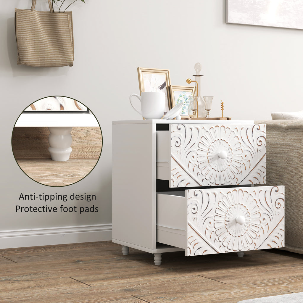 Mid-Century Bedside Table, Nightstand with 2 Drawers, Side End Table for Bedroom, White