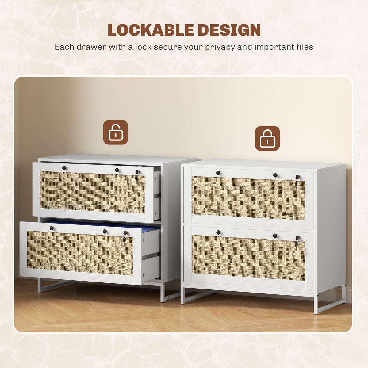 2-Drawer Filing Cabinet with Lock, Rattan File Cabinet with Adjustable Hanging Bar, Black