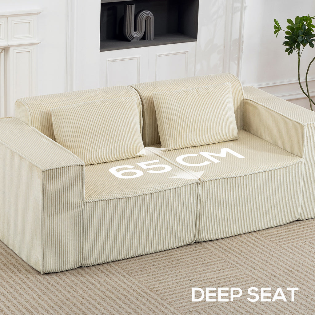 Boneless Couch, Corduroy 3 Seater Sofa with Deep Seat, Wide Armrests, 2 Pillows, Quick Assembly for Living Room, Beige