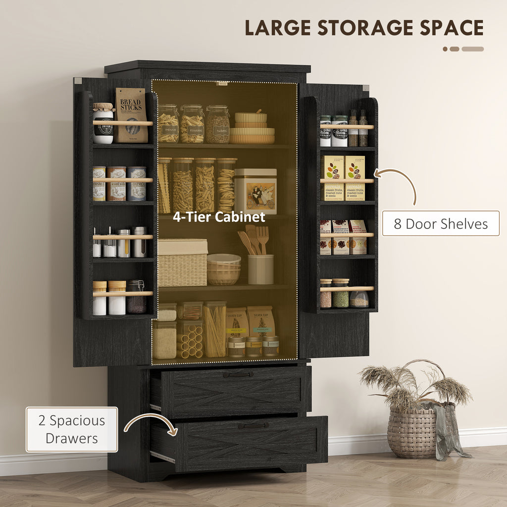Farmhouse Kitchen Pantry Storage Cabinet, 64" Freestanding Kitchen Pantry Cabinet with Drawers, Distressed White