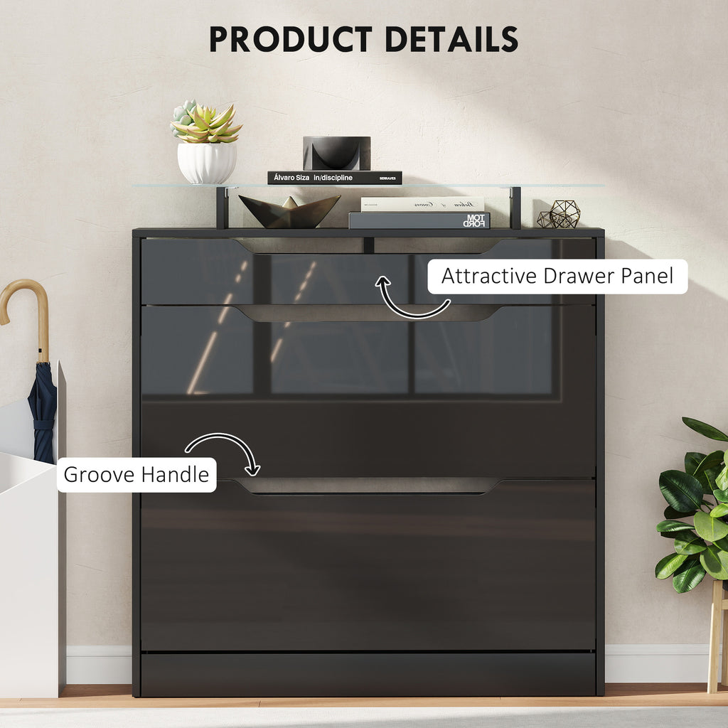 High Gloss Shoe Cabinet with 2 Flip Drawers and Adjustable Shelves, Narrow Shoe Storage Cabinet with Glass Top, White