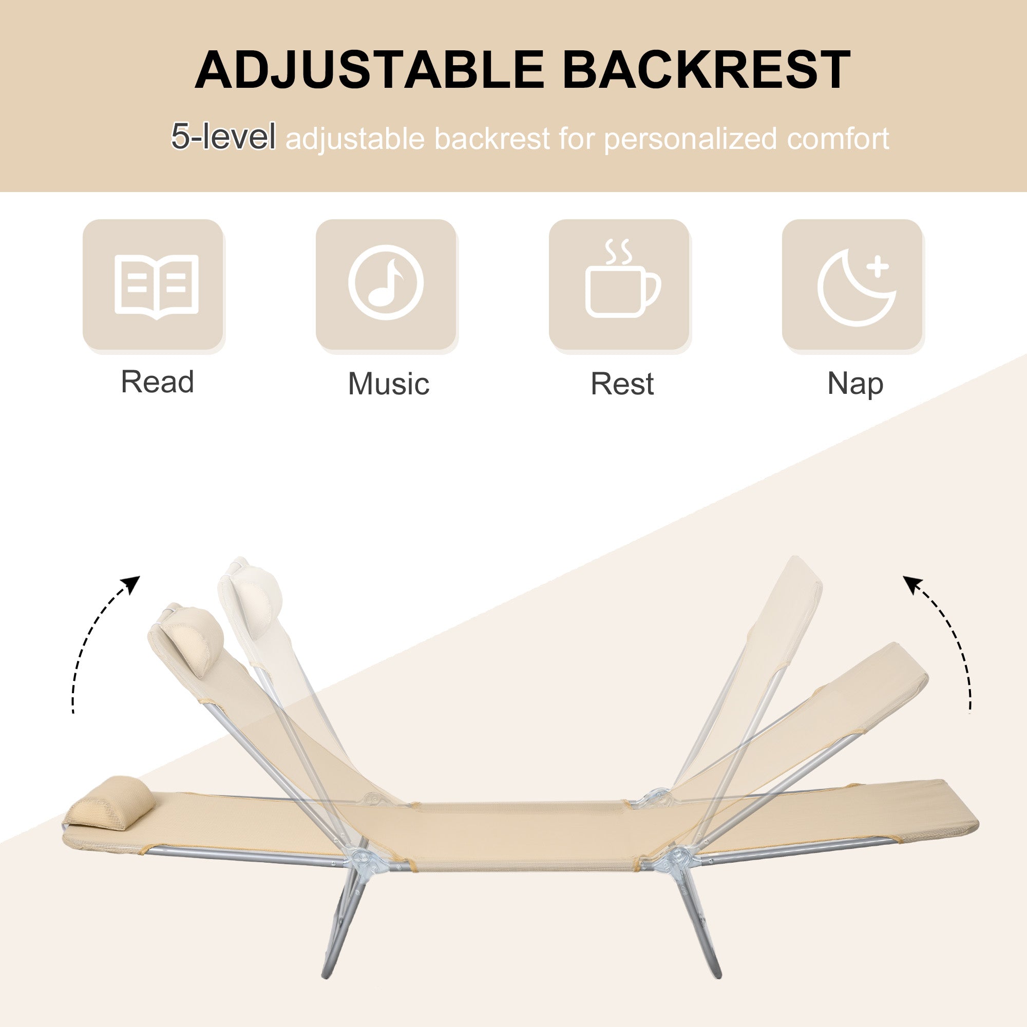 Folding Outdoor Lounge Chair Set of 2, Reclining Tanning Chair with 5-Position Adjustable Backrest, Black