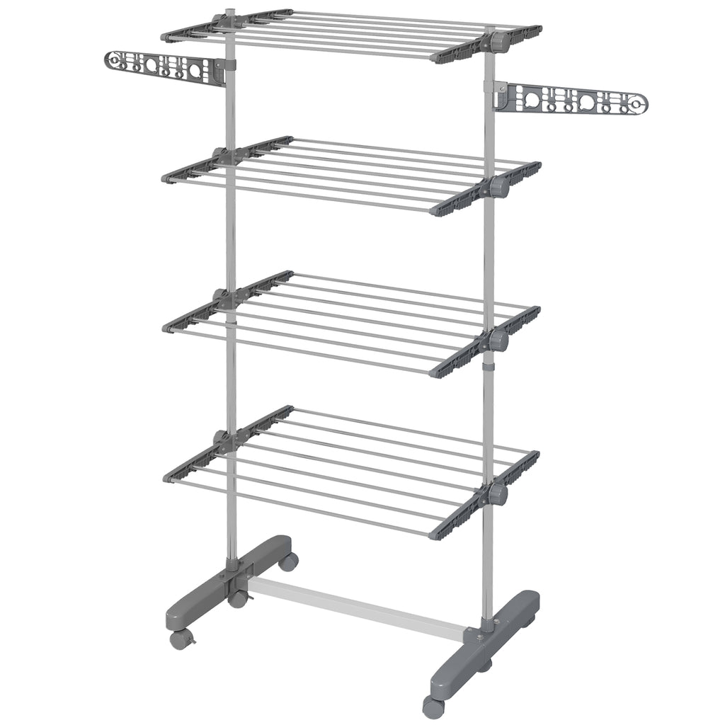 Garment Drying Rack Stainless Steel Folding Clothes Hanging Rack with Side Wings Castors for Indoor Outdoor White