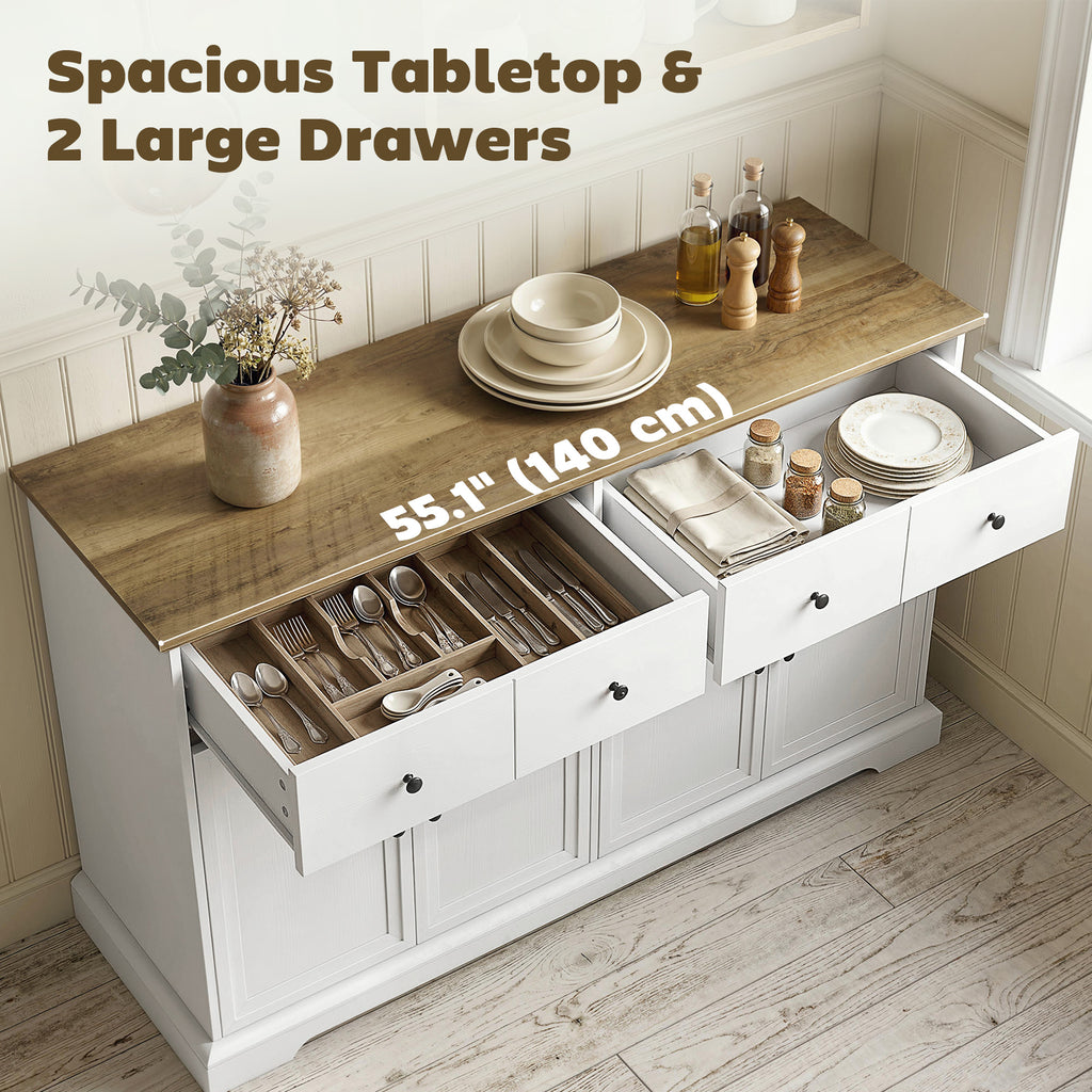 Sideboard Buffet Cabinet, 55" Farmhouse Kitchen Cabinet with Soft-Close Doors, 2 Drawers and 2 Adjustable Shelves
