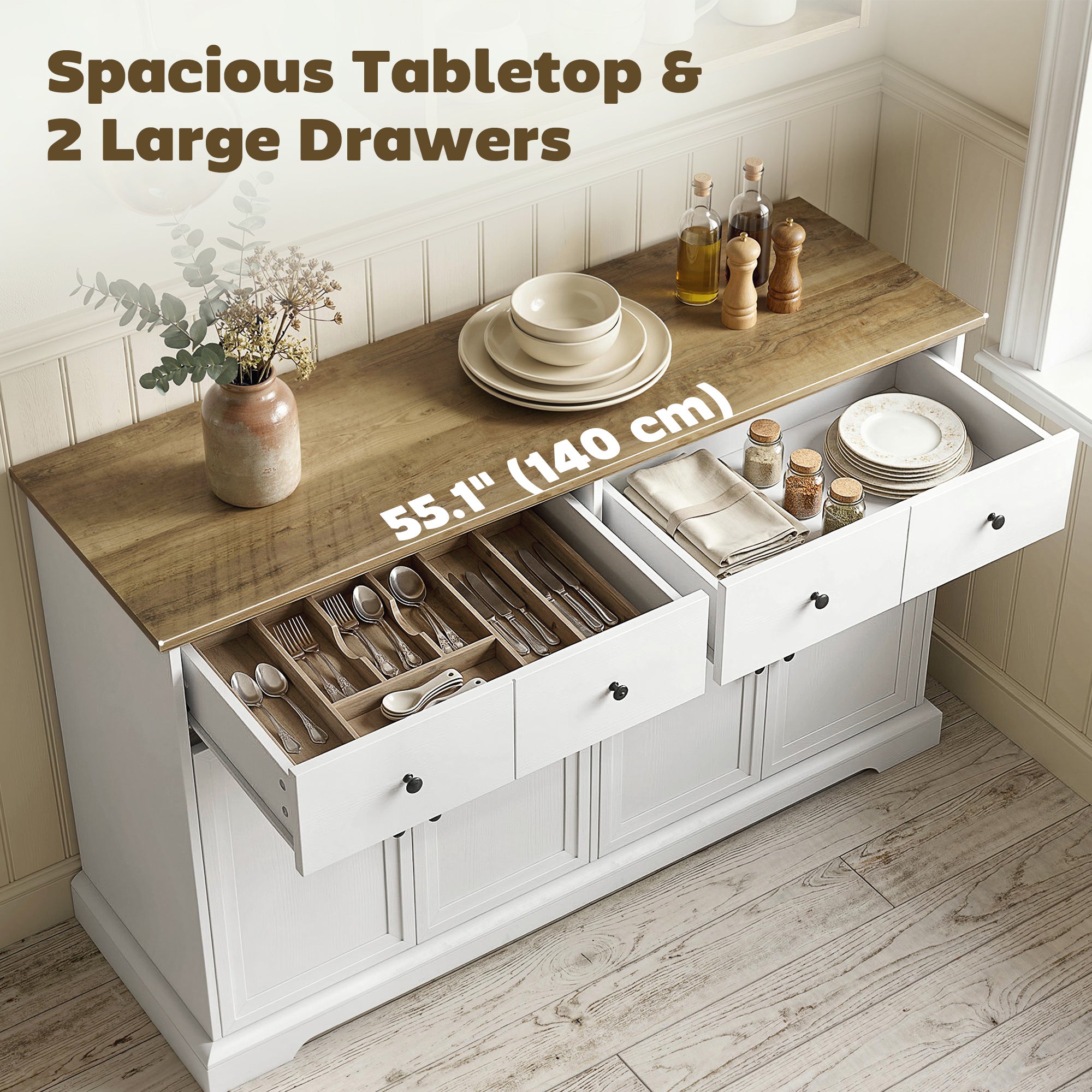 Sideboard Buffet Cabinet, 55" Farmhouse Kitchen Cabinet with Soft-Close Doors, 2 Drawers and 2 Adjustable Shelves