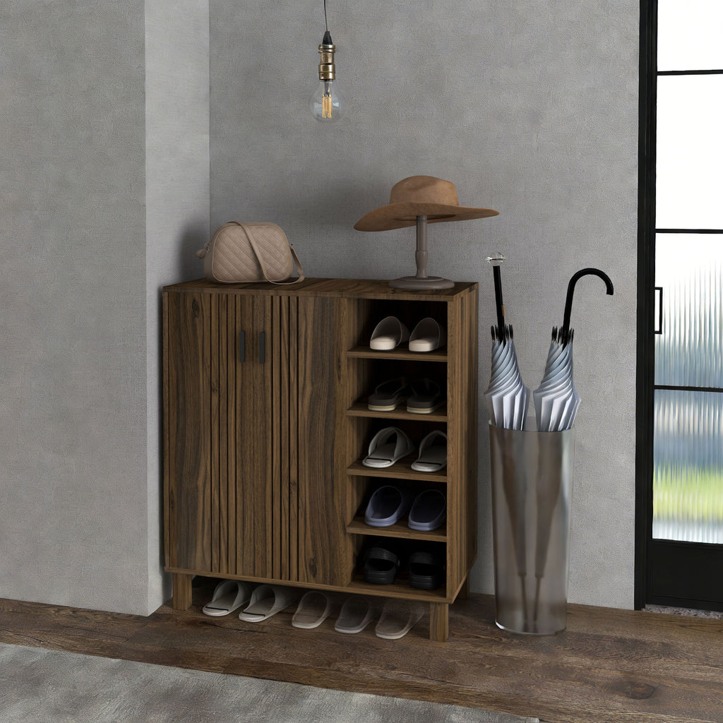 Shoe Storage with Double Doors and Open Shelves 17 Pair Shoe Storage Organizer for Entryway Hallway Walnut