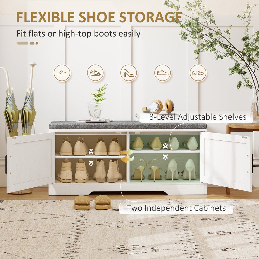 Shoe Bench with Cushion Shoe Storage Bench with Doors Adjustable Shelves for Entryway, White