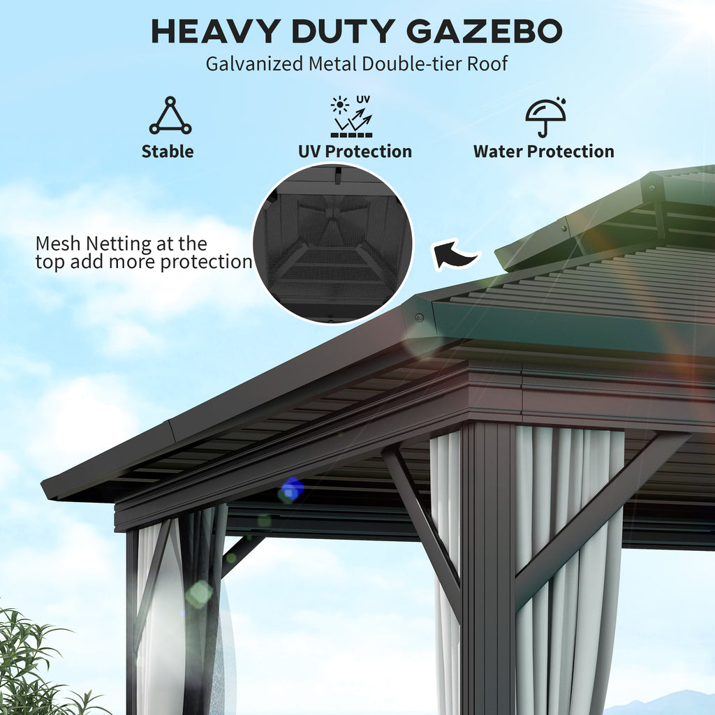 10' x 12' Hardtop Gazebo, Sun Shelter with Double Tier Metal Roof, Mosquito Netting, and Hanging Hook, Light Grey