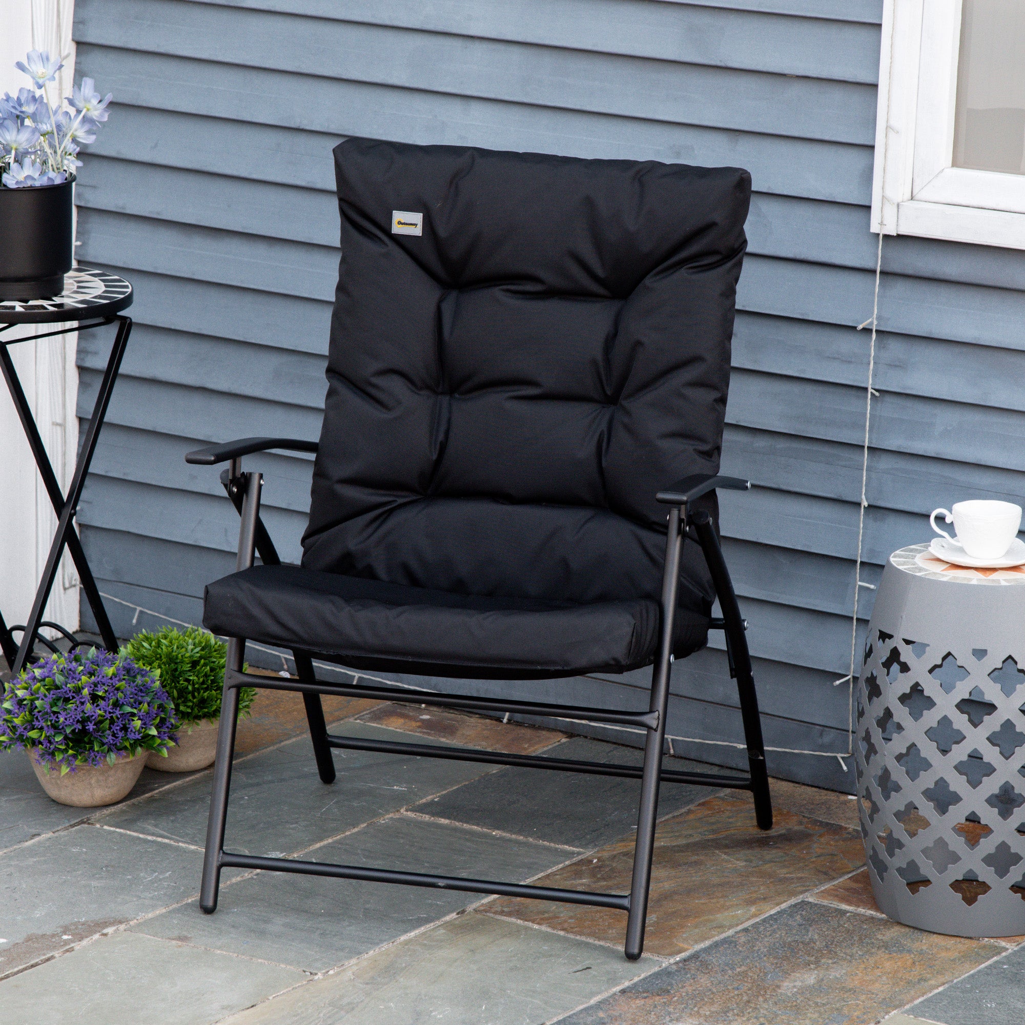 Foldable Lounge Chair, Fabric Upholstered Recliner, Outdoor Lounger with Armrest, Metal Frame for Backyard, Blue