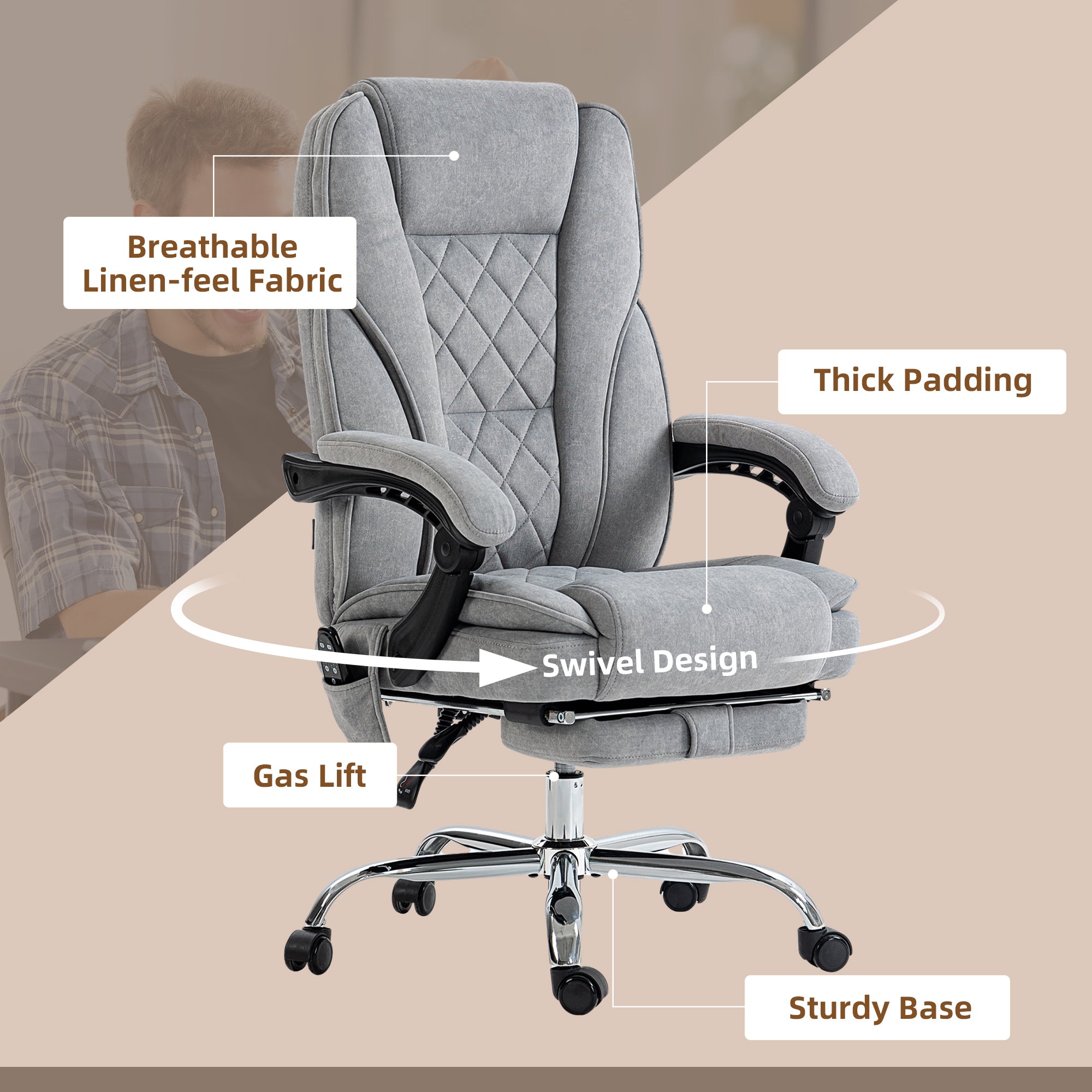 Massage Office Chair, Reclining Computer Chair with Adjustable Height and Footrest, Brown