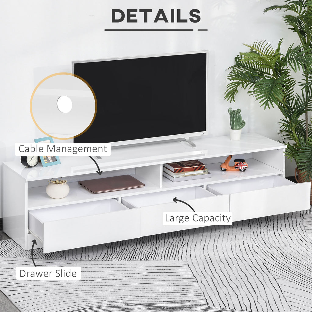 LED ብርሃን ዘለዎ ቲቪ ስታንድ ክሳብ 75" ቲቪ ዝድግፍ፣ ዘመናዊ ቲቪ ካቢኔት ምስ መደርደሪ መሳልብ ንእንዳ መዕበዪ፣ ልዑል ግላይ ጻዕዳ