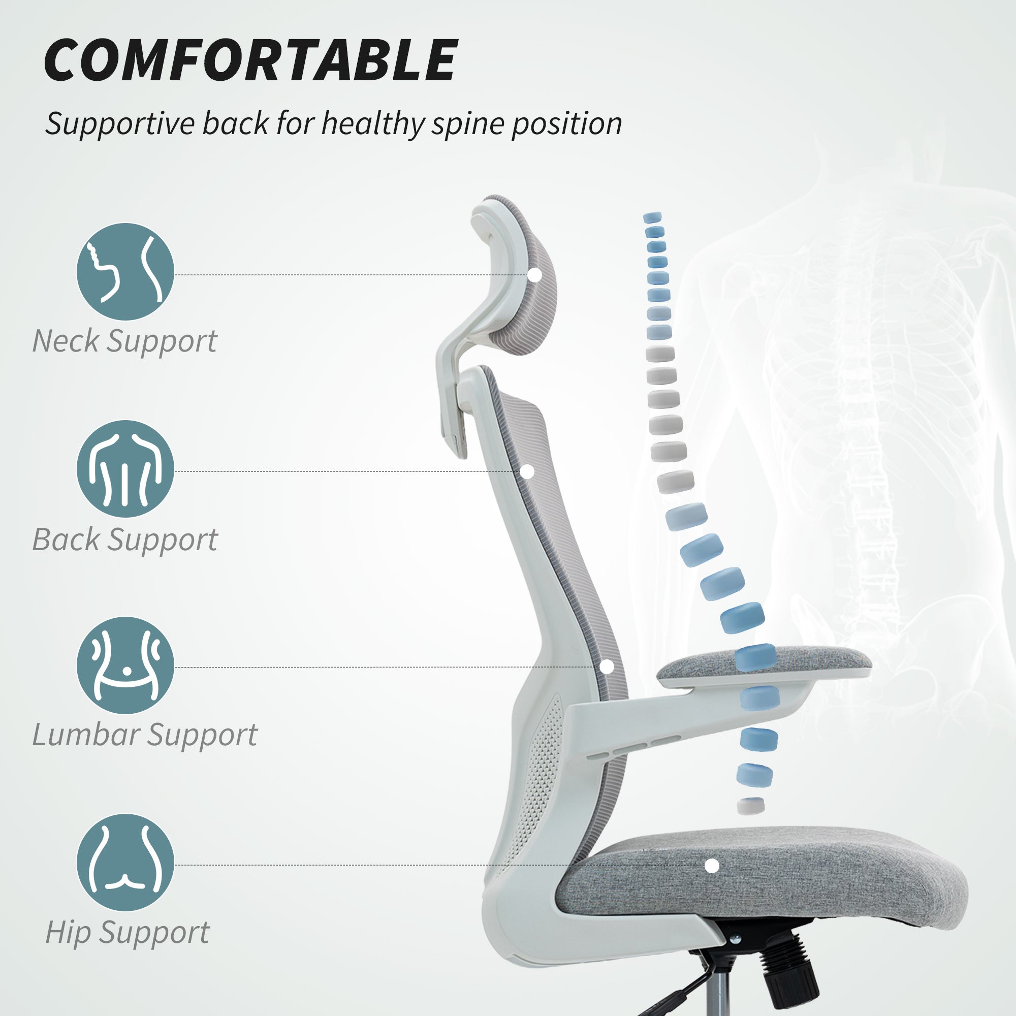 Ergonomic Office Chair, Swivel Desk Chair with Adjustable Lumbar Support, Headrest and Height, Flip-up Armrests, Grey