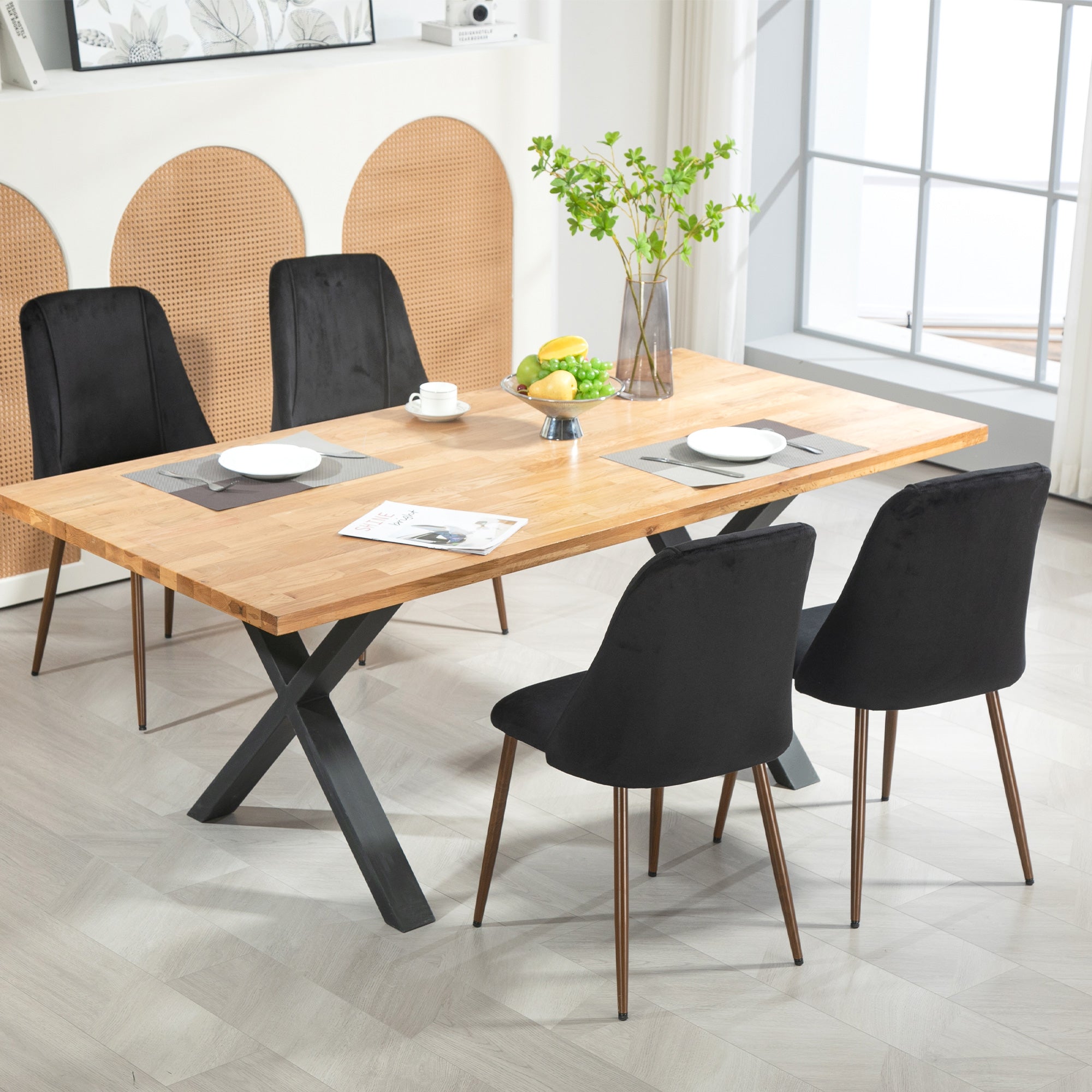 Upholstered Dining Chairs Set of 4, Velvet Accent Chair with Back and Wood-grain Steel Leg for Kitchen, Grey
