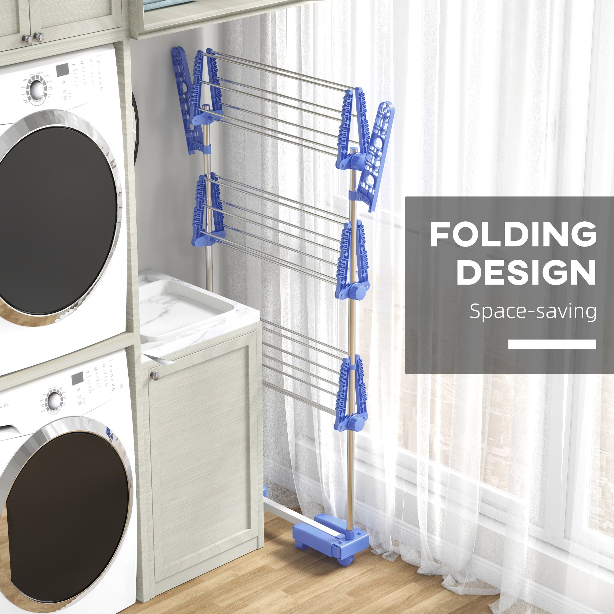 3-Tier Foldable Clothes Drying Rack, Stainless Steel Laundry Rack with 2 Side Wings and 6 Castors, Collapsible Adjustable Clothes Airer for Indoor Outdoor, White