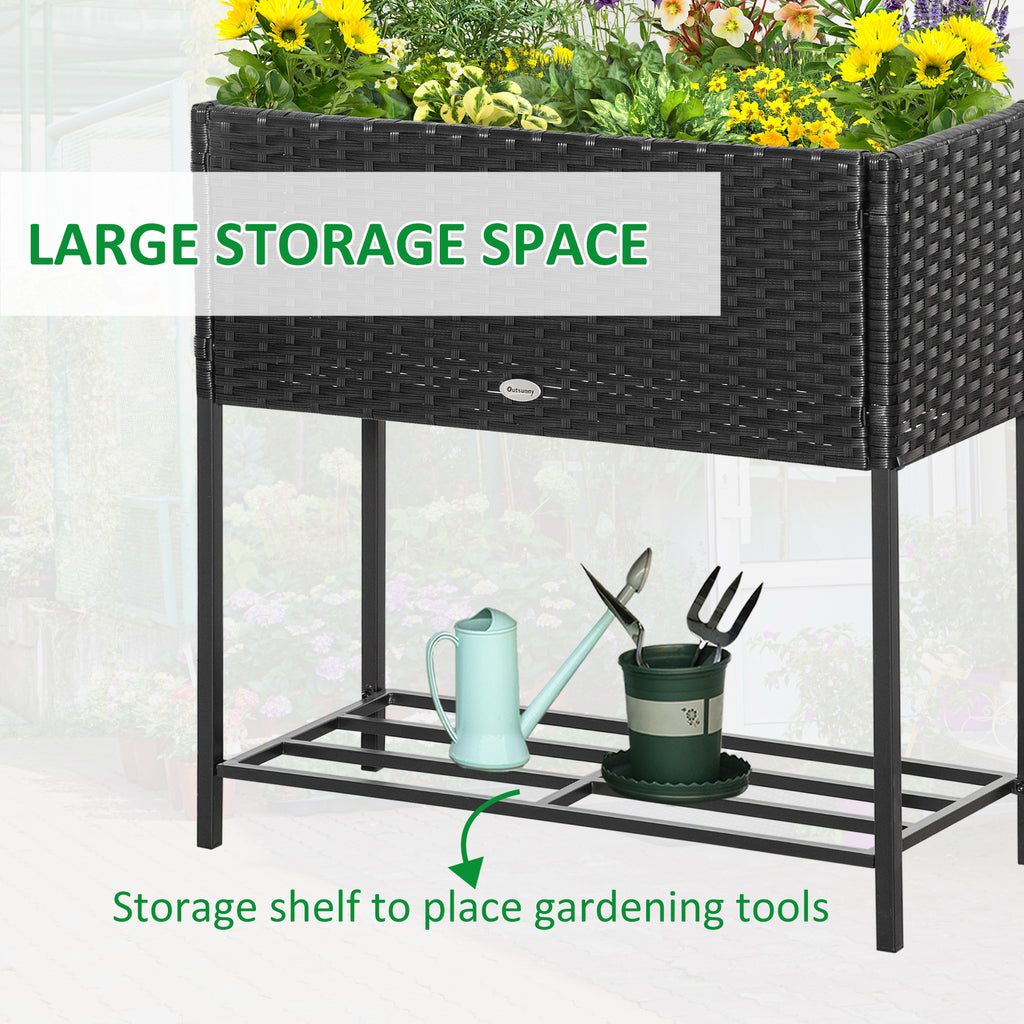 Rattan Raised Garden Boxes, Elevated Flower Beds with Storage Shelf for Herbs, Flowers, Vegetables, Brown