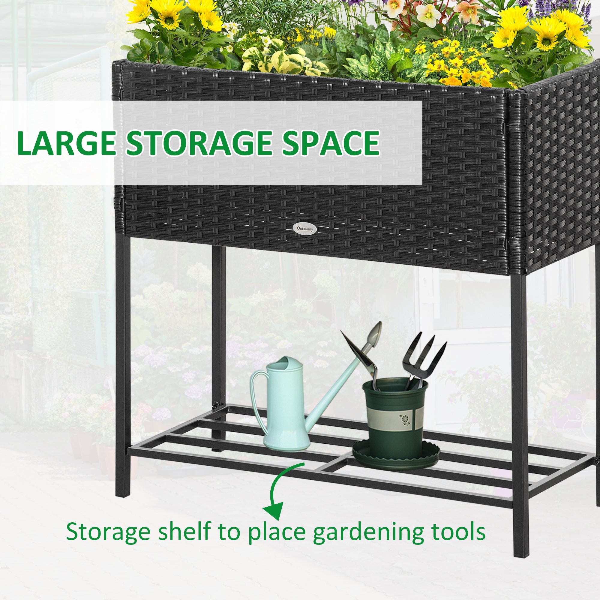Rattan Raised Garden Boxes, Elevated Flower Beds with Storage Shelf for Herbs, Flowers, Vegetables, Brown