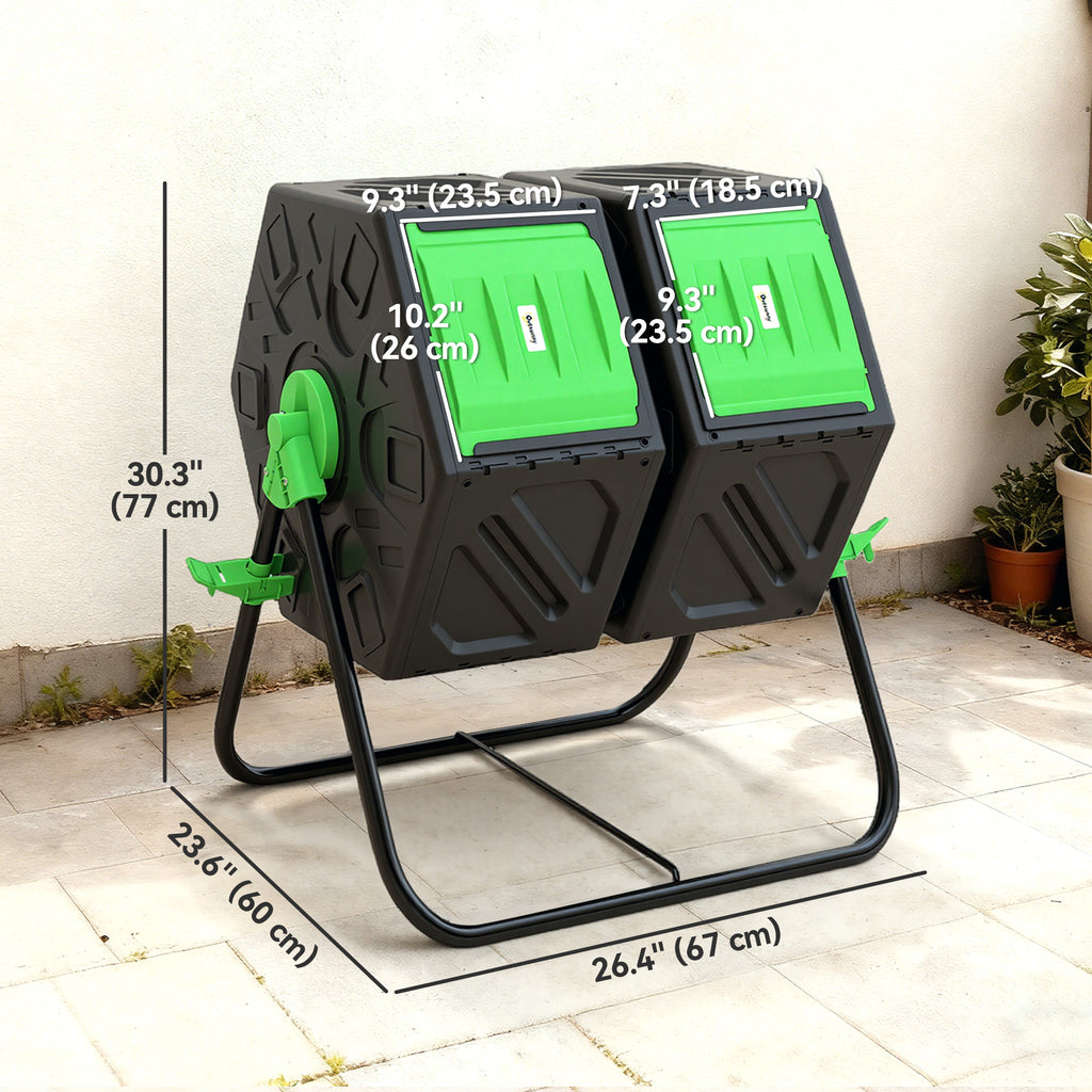 Rotating Composter, Dual Chamber Compost Bin with 24 Vents and Steel Legs, 34.5 Gallon, Brown