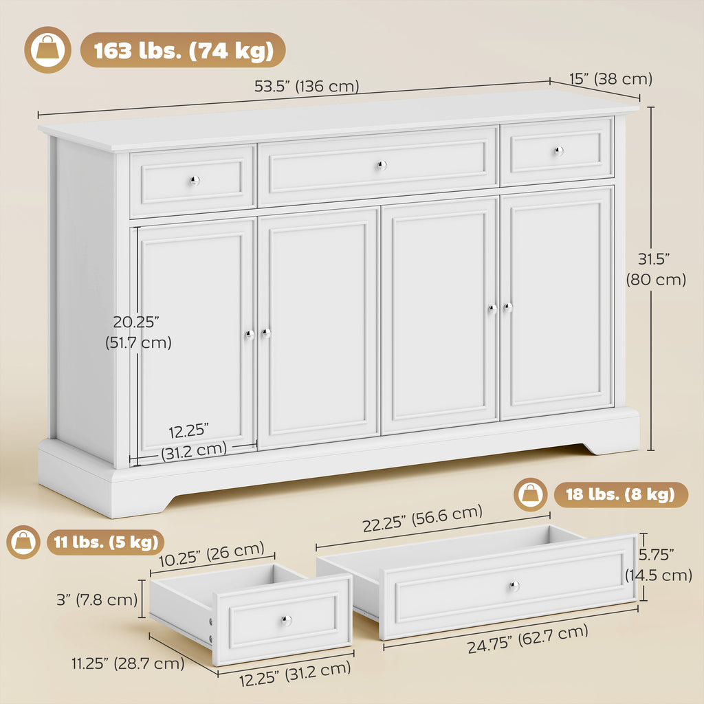 Sideboard Buffet Cabinet, 54" Kitchen Storage Cabinet with Soft-Close Doors, 3 Drawers and 2 Adjustable Shelves, White