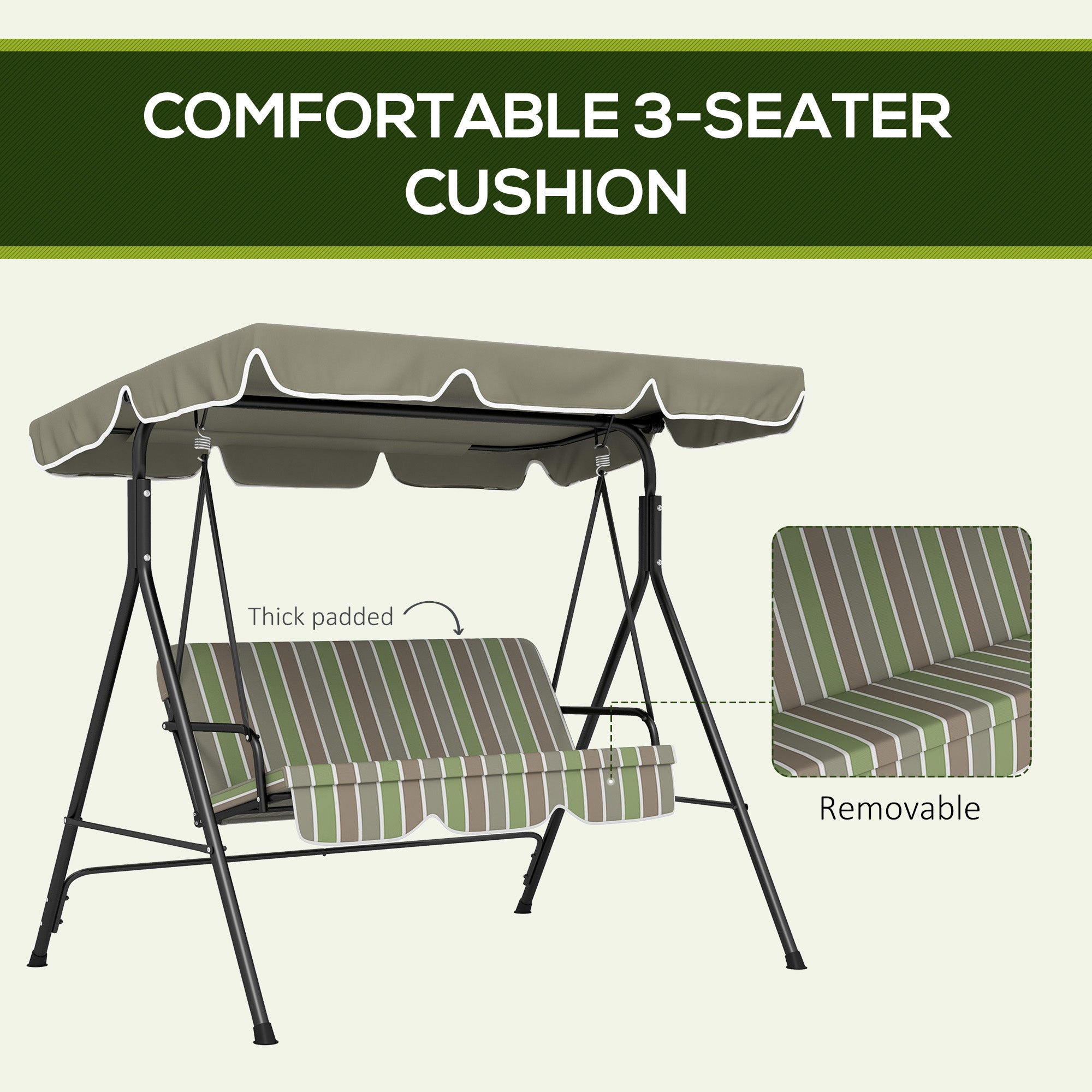 3-Seater Outdoor Porch Swing with Adjustable Canopy, Patio Swing Chair for Garden, Poolside, Backyard, Green and White