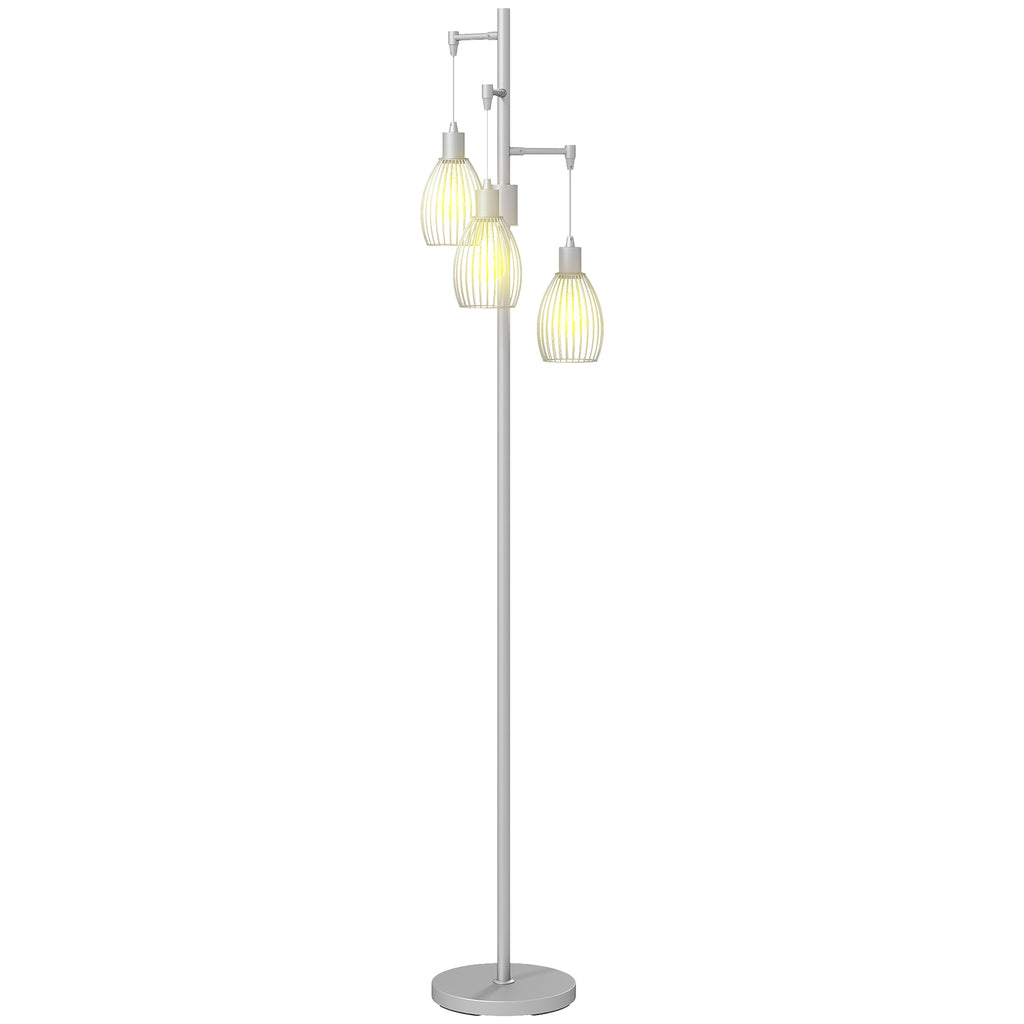 Industrial Floor Lamp with 3 Hanging Wire Lampshades, Dimmable Standing Lamp for Living Room, Silver