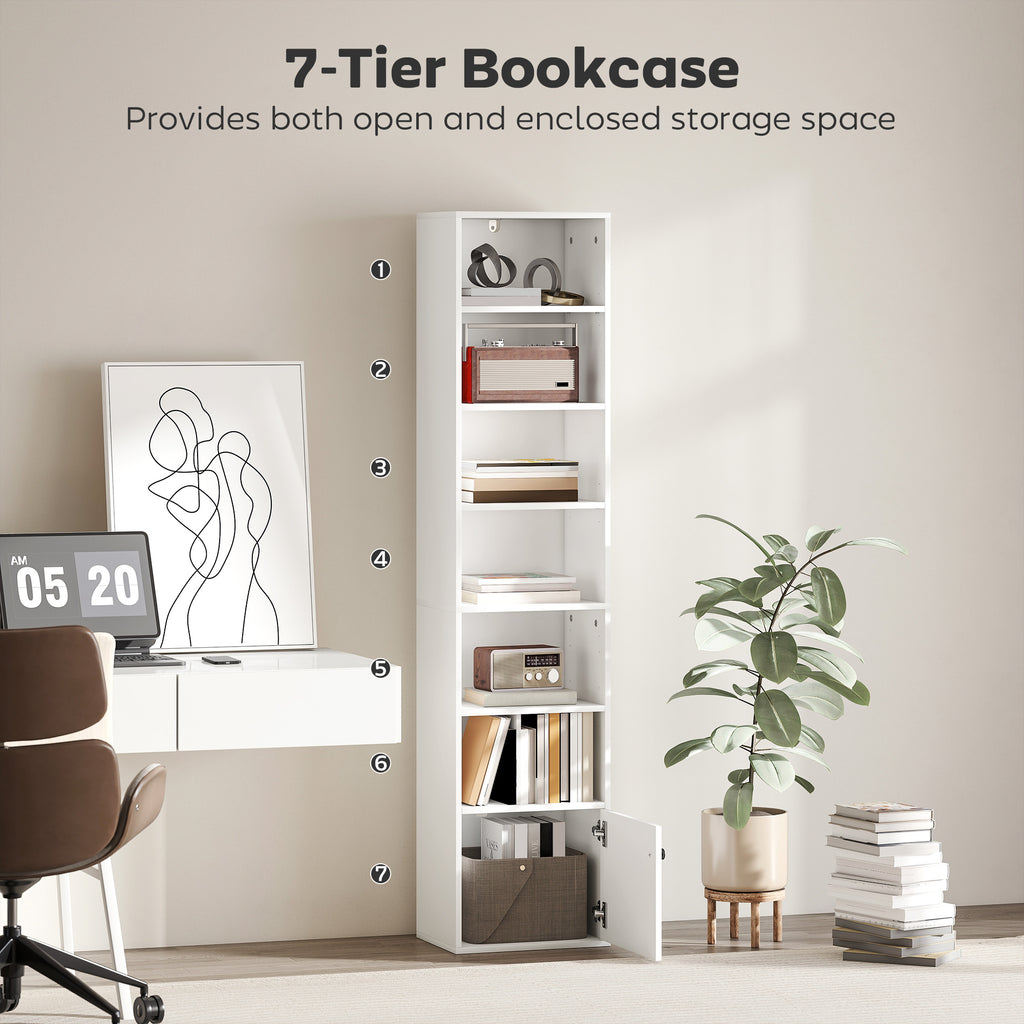 7-Tier Bookcase, Display Shelf Unit with Adjustable Shelf and Cabinet, White