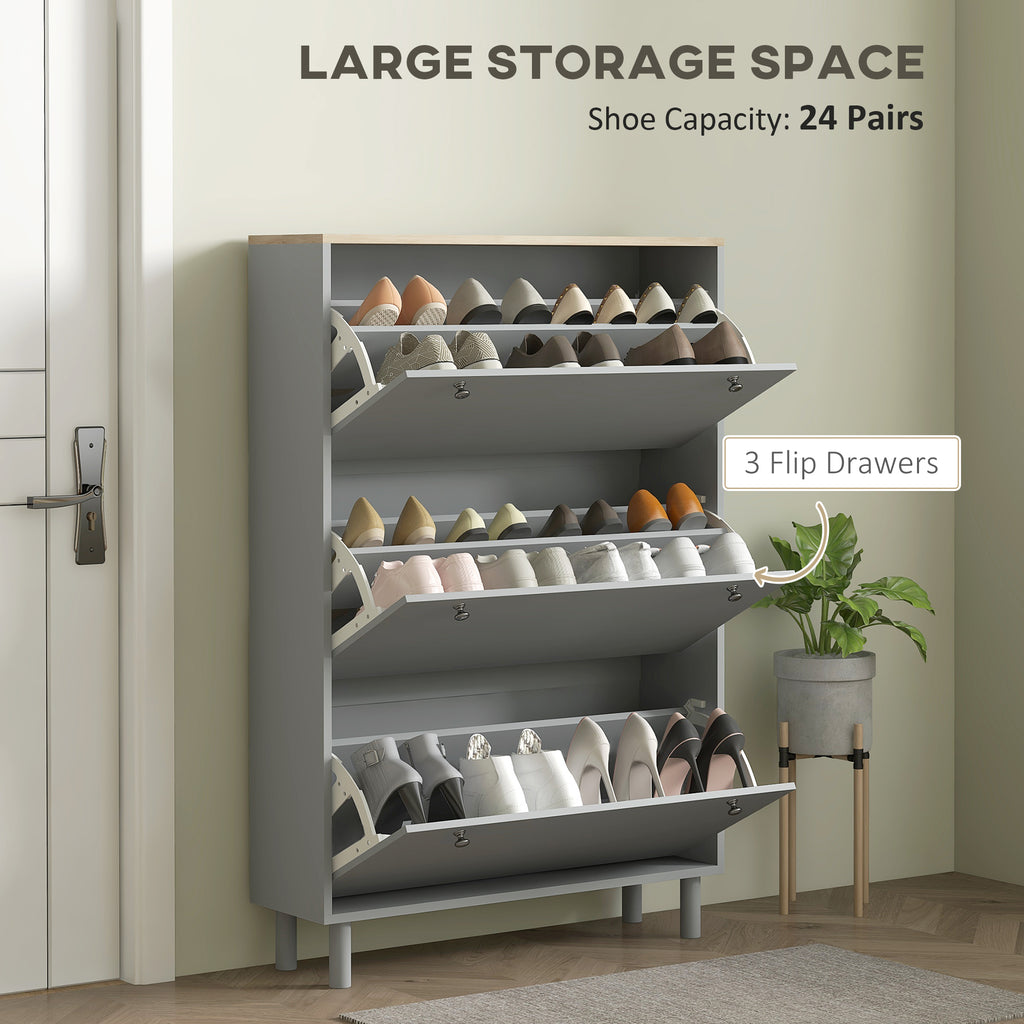 Entryway Shoe Storage Small Modern Flip-Flop Shoe Cabinet with 3 Flip Drawers Adjustable Shelves for 24 Pairs of Shoes, Grey