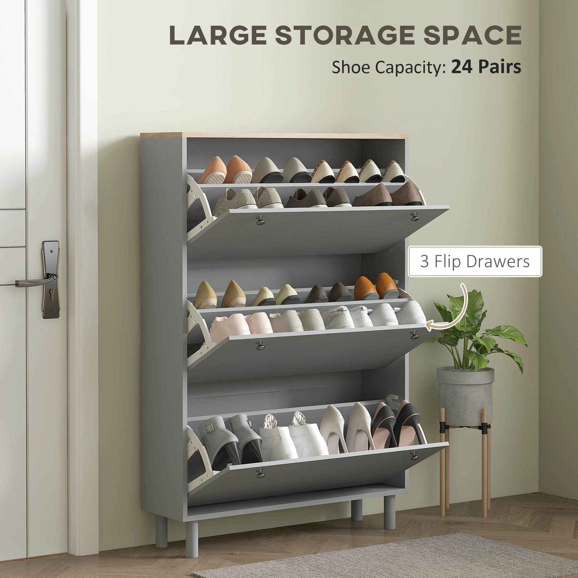 Entryway Shoe Storage Small Modern Flip-Flop Shoe Cabinet with 3 Flip Drawers Adjustable Shelves for 24 Pairs of Shoes, Grey
