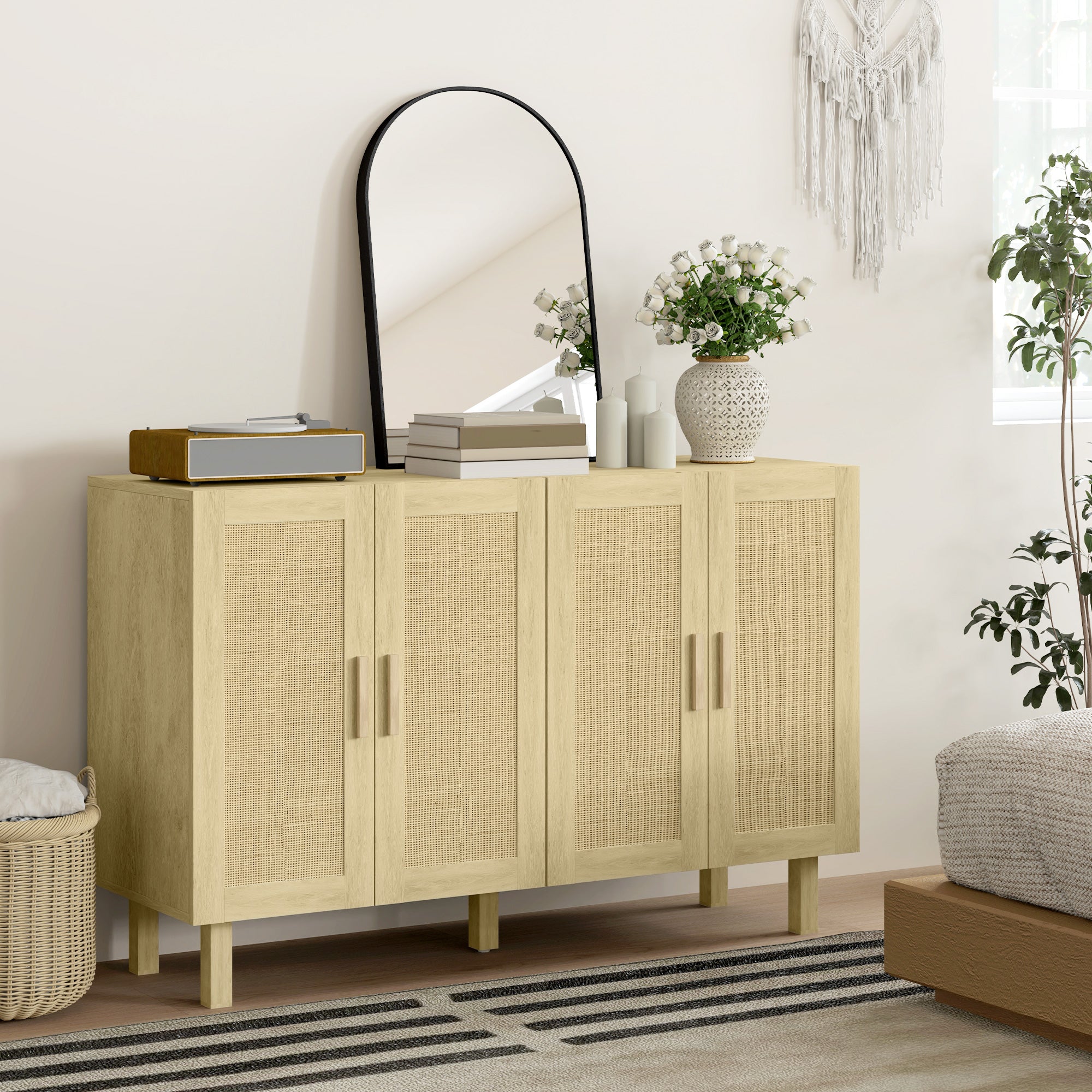 Boho Sideboard Buffet Cabinet, Storage Cabinet with 4 Rattan Doors and Adjustable Shelves, Natural