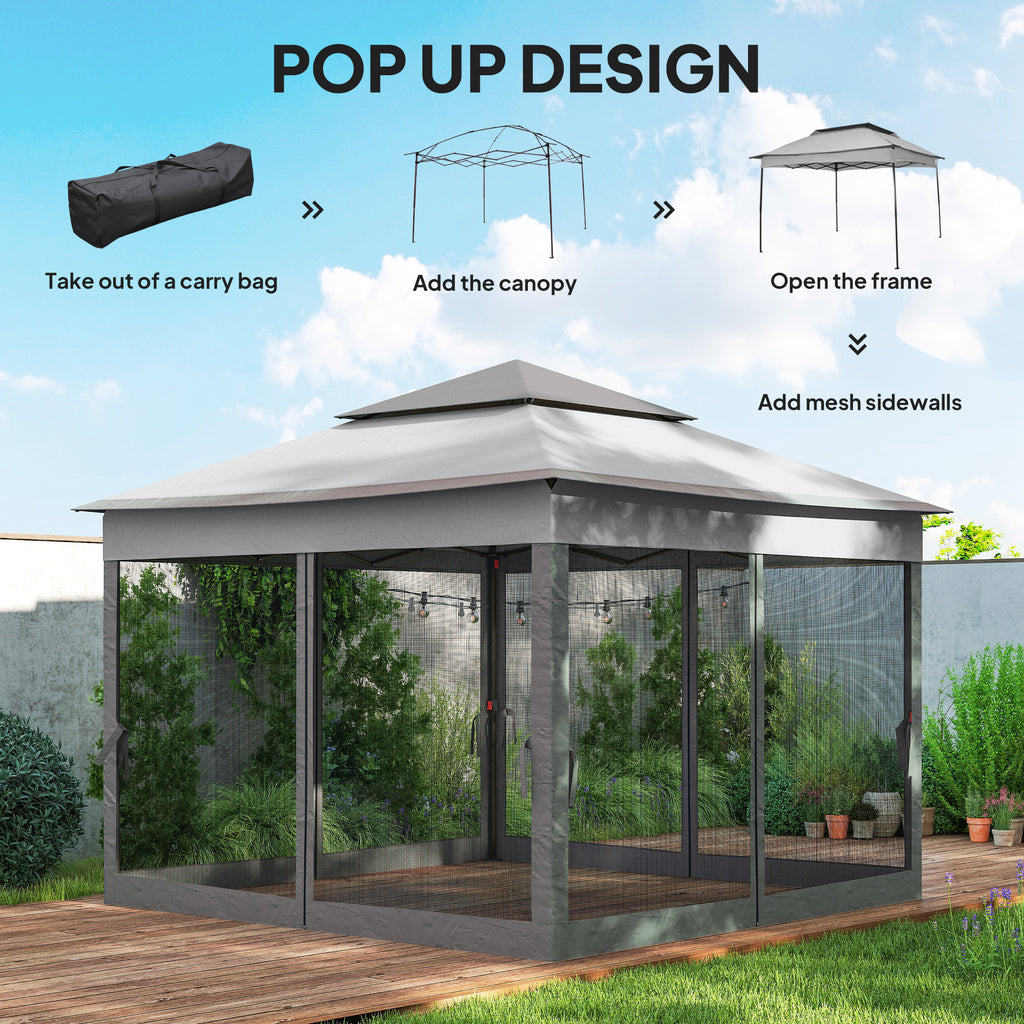 11' x 11' Pop Up Canopy 2-Tier Soft Top Shelter Event Tent w/ Netting Carry Bag for Patio Backyard Garden, Mixed Grey