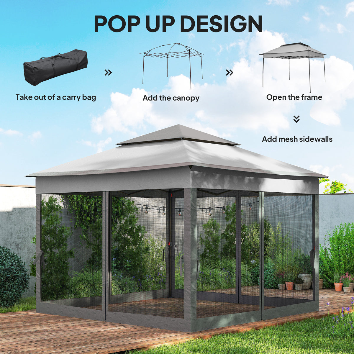 11' x 11' Pop Up Canopy 2-Tier Soft Top Shelter Event Tent w/ Netting Carry Bag for Patio Backyard Garden, Mixed Grey