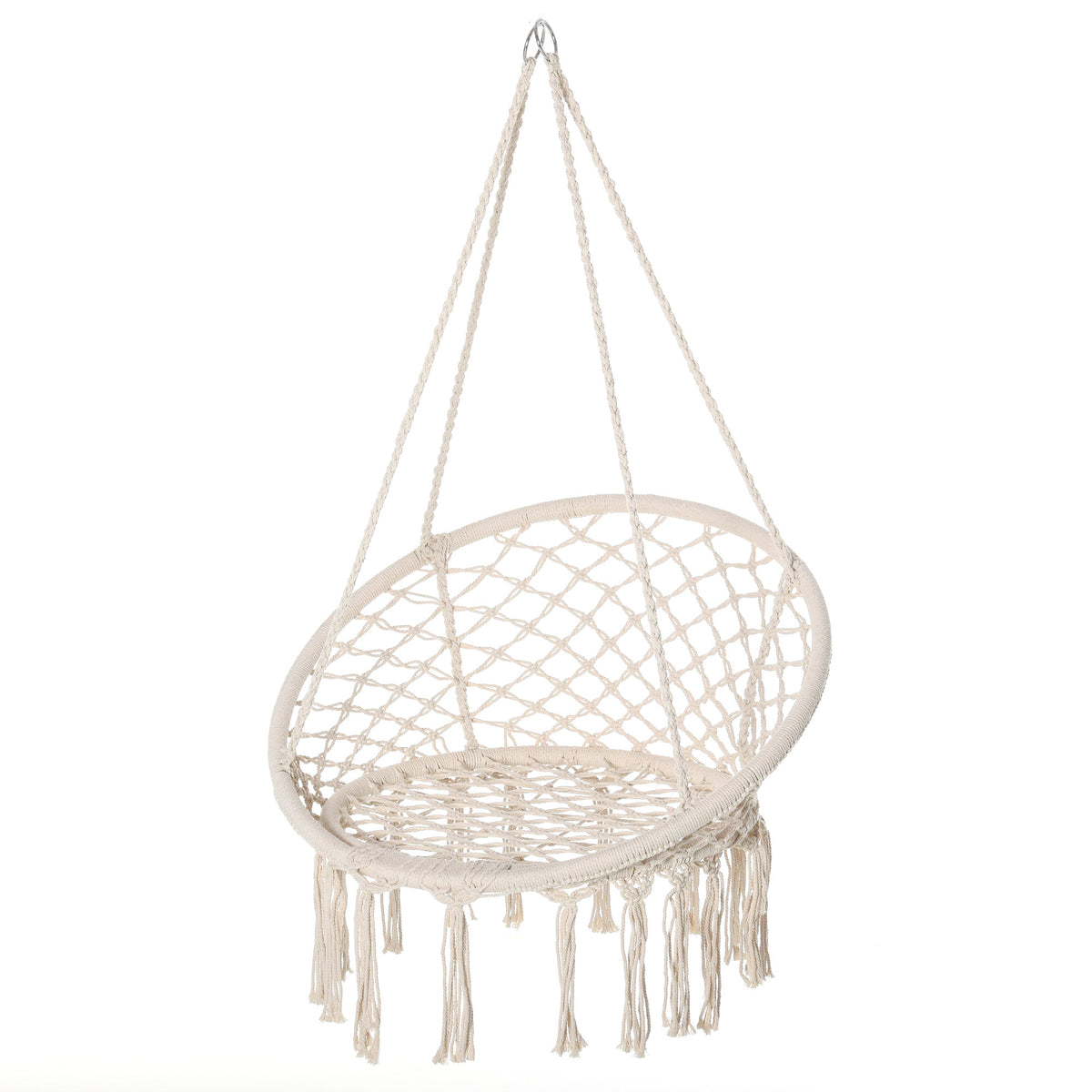 Patio Hammock Chair, Hanging Rope Hammock Swing for Indoor & Outdoor Use with Backrest, Cotton-Polyester Blend, Fringe Tassels, Cream White
