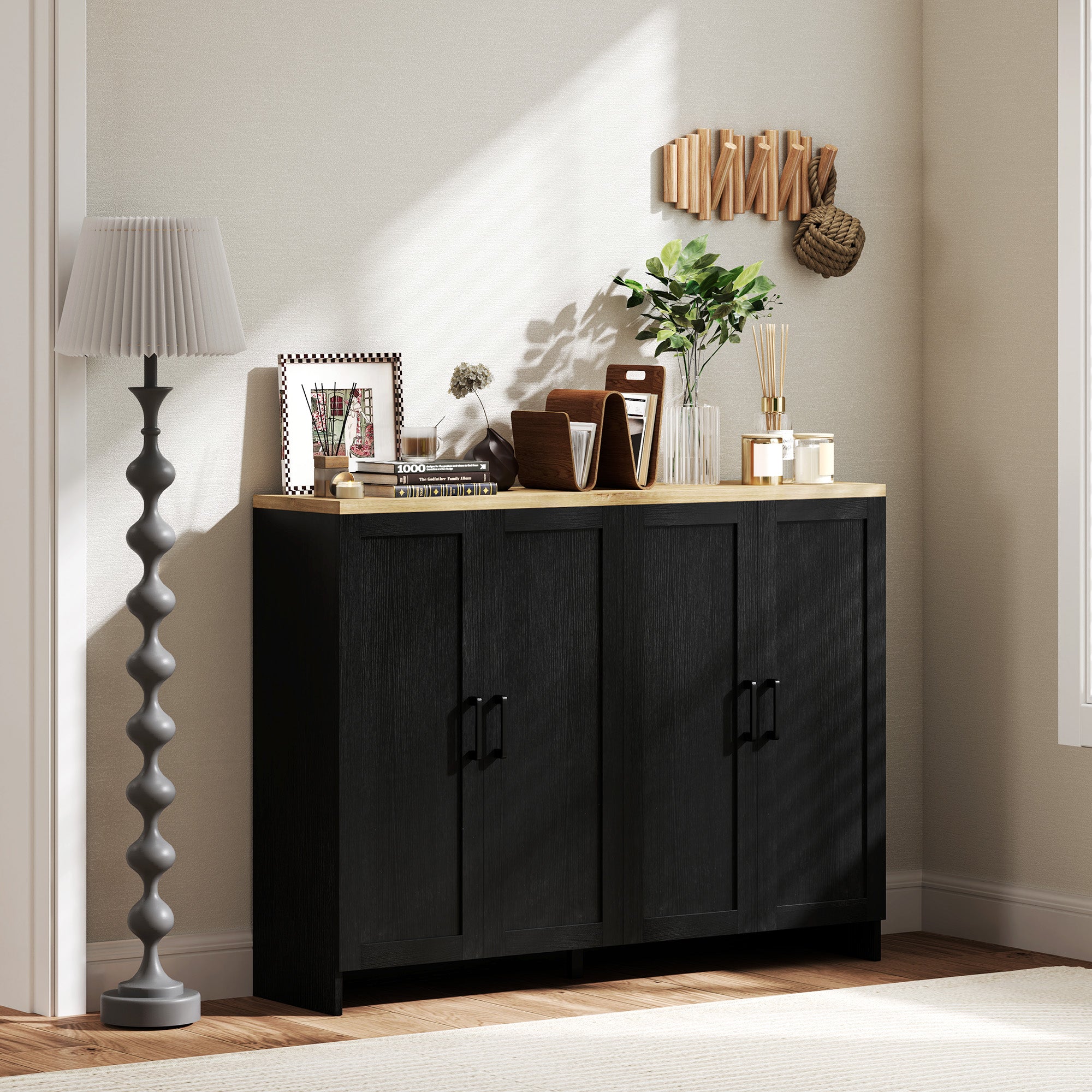 Modern Sideboard Buffet Cabinet, Modern Kitchen Storage Cabinet with 3 Doors Adjustable Shelves, for Dining Room, Black