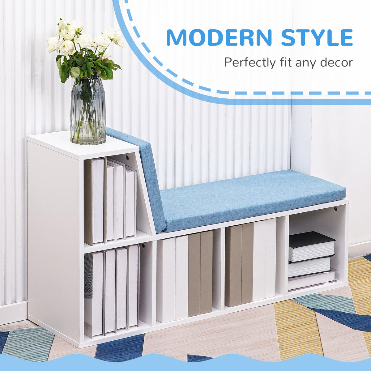 Multi-Purpose Bookshelf with 5 Cubes, 5-Cubby Bookcase with Cushioned Reading Nook and Storage Shelves, Grey