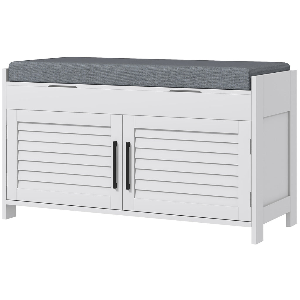 Entryway Bench with Cushion, Hidden Storage, Adjustable Shelves and Shutter Doors, 35.4" Shoe Bench, White