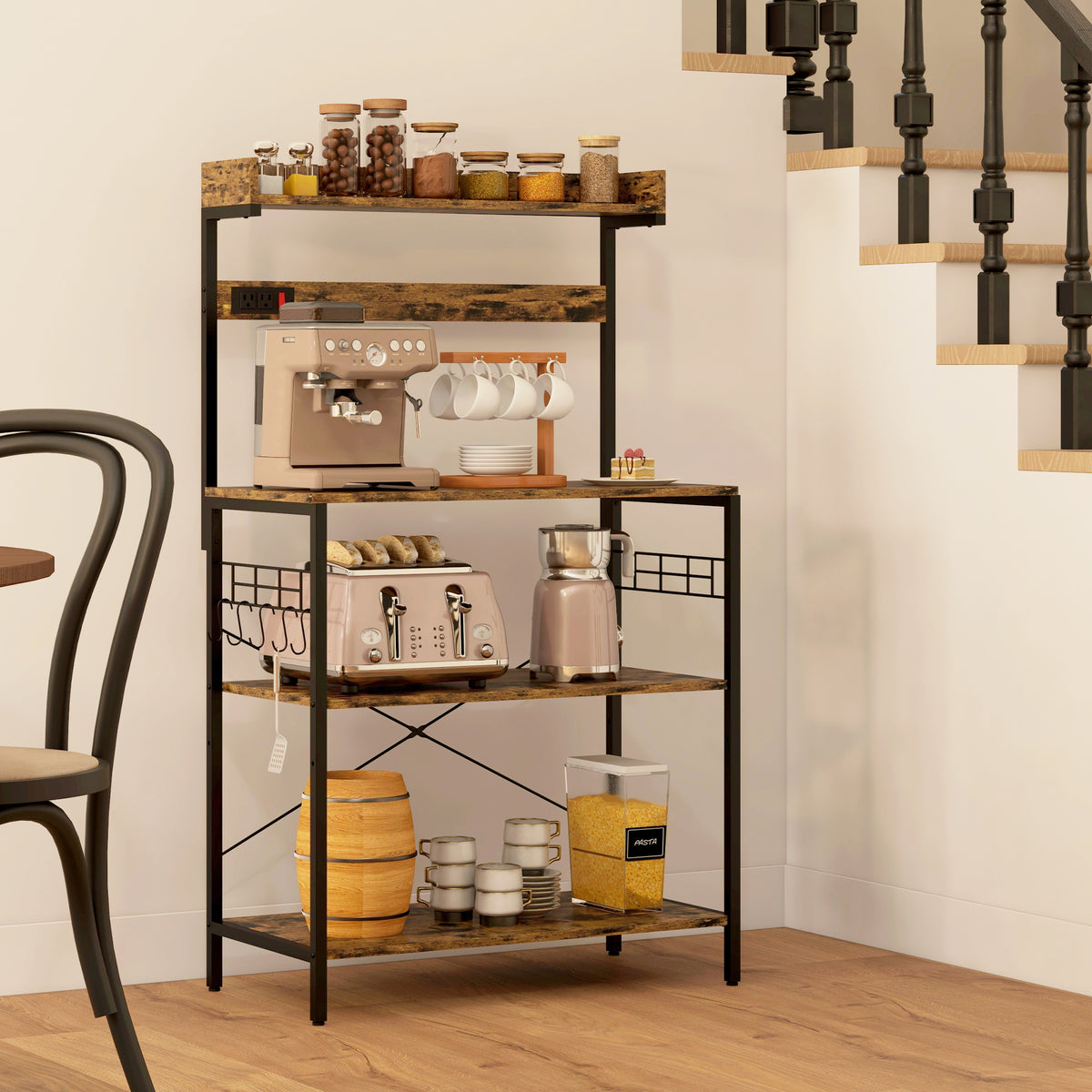 Kitchen Baker's Rack with Power Outlet, Coffee Bar Station with Adjustable Shelves and Hooks, Rustic Brown