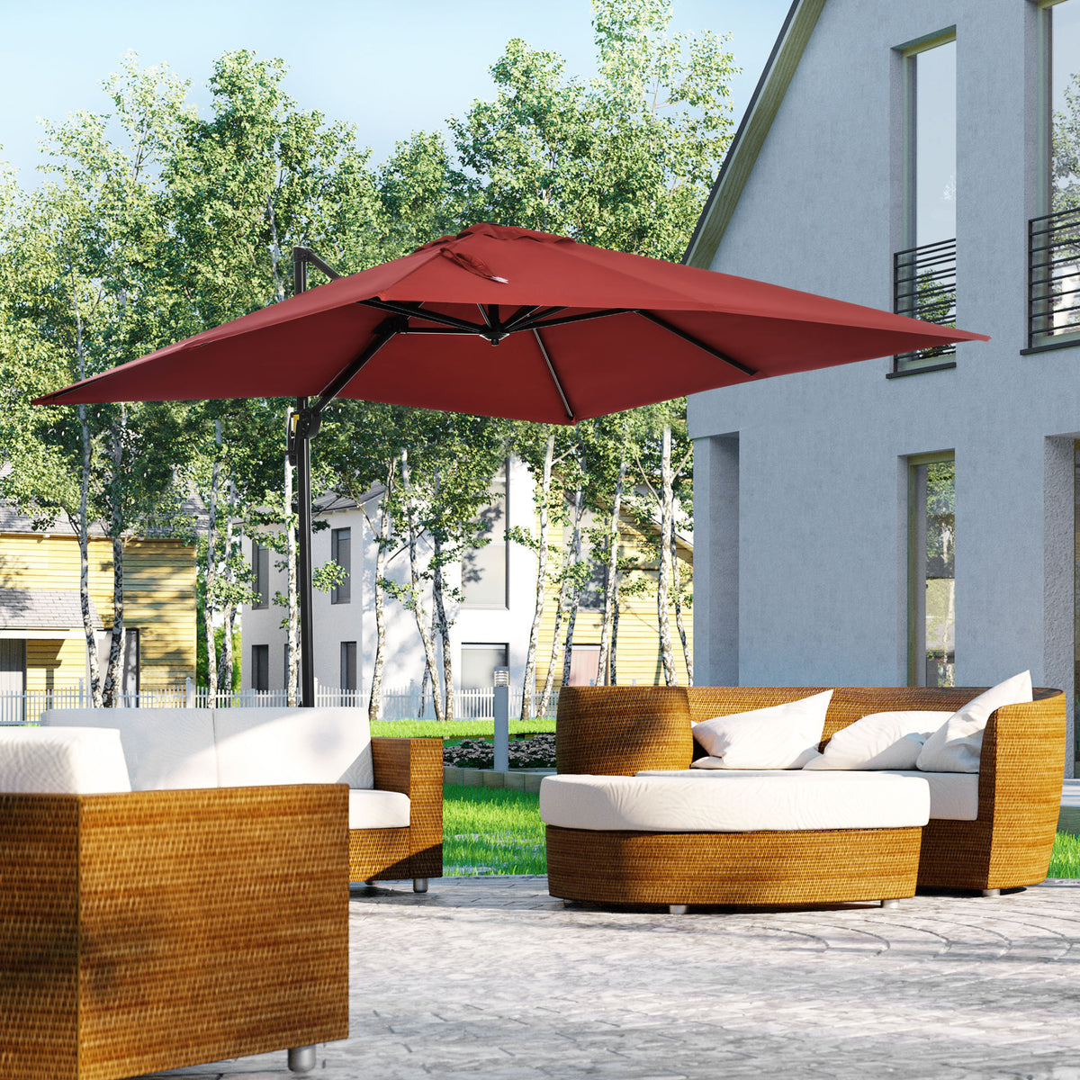 8' x 8' Square Patio Hanging Offset Umbrella with 360° Rotation, Aluminum Outdoor Cantilever Parasol with Crank & Tilt, Sun Canopy Shelter with Cross Base, Wine Red