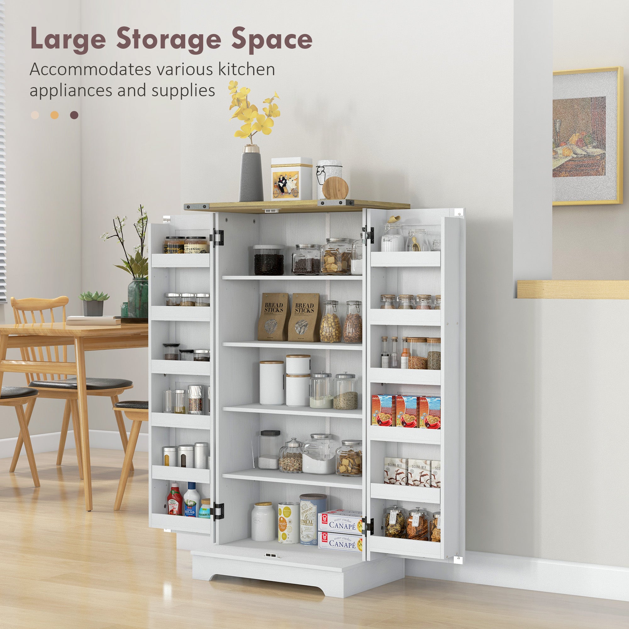 Farmhouse Kitchen Pantry Storage Cabinet, Kitchen Pantry Cabinet with Doors and Adjustable Shelves, Cream White
