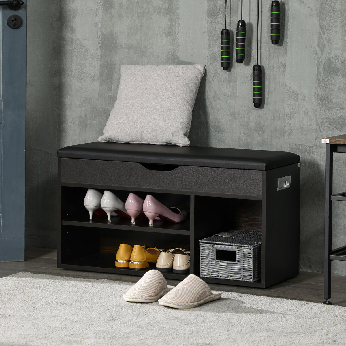 Shoe Bench Entryway Storage Rack with Padded Cushion, Hidden Storage for Hallway, Living Room, Black