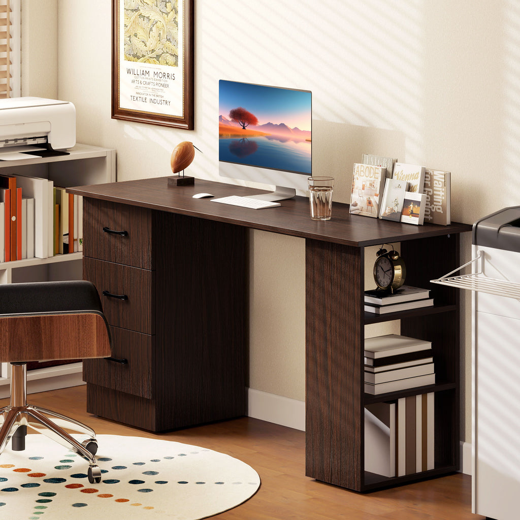 Computer Desk, 47" Writing Table with 3-Tier Shelves and 3 Reversible Drawers for Home Office, Bedroom, White