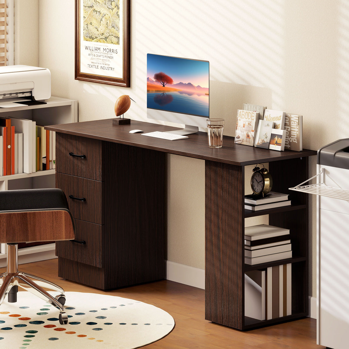 Computer Desk, 47" Writing Table with 3-Tier Shelves and 3 Reversible Drawers for Home Office, Bedroom, White