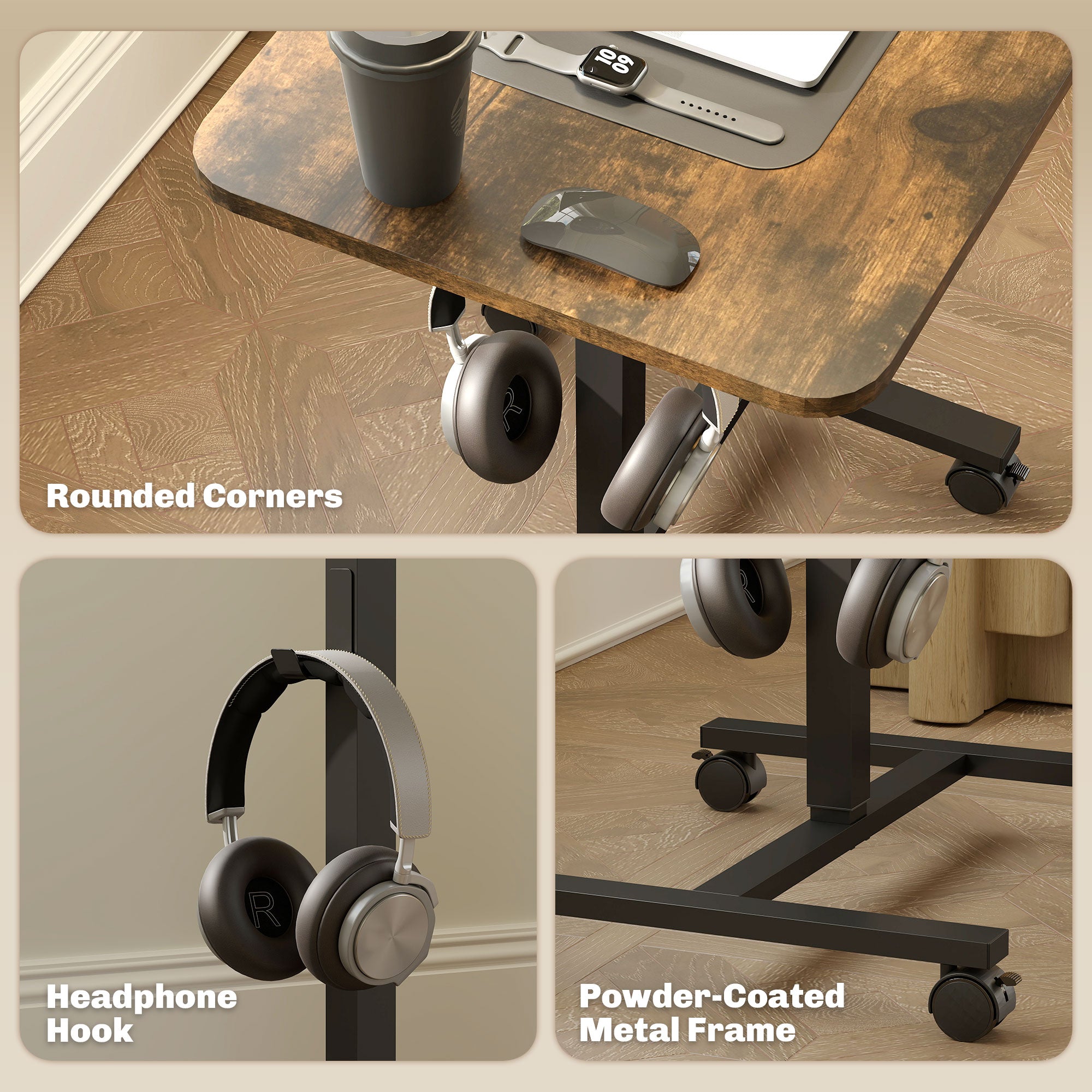 Height Adjustable Standing Desk, Pneumatic Sit Stand Desk with Wheels and Headphone Hook, Rustic Brown