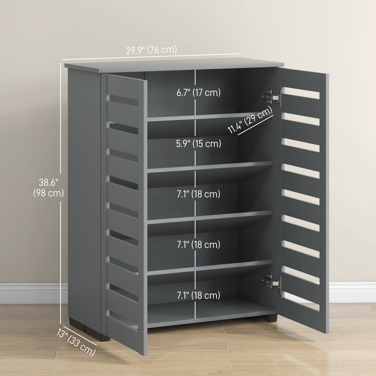 Shoe Storage Cabinet, Shoe Cabinet with 2 Slatted Doors for 15 Pairs of Shoes, Dark Grey