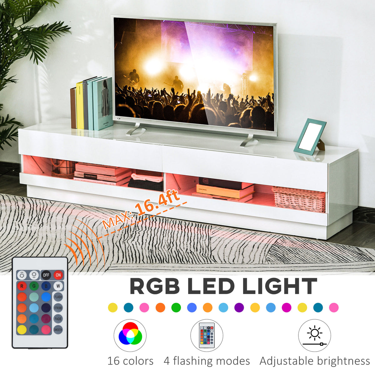 ንክሳ 75 ኢንች ዝበጽሕ ቲቪ ዝሕዝ ብርሃን ዘለዎ ቲቪ ስታንድ፣ ንክፍሊ መዕቈቢ ዝኸውን መደርደሪ ዘለዎ ቲቪ ካቢኔት፣ ልዑል ዝበረቐ ጻዕዳ