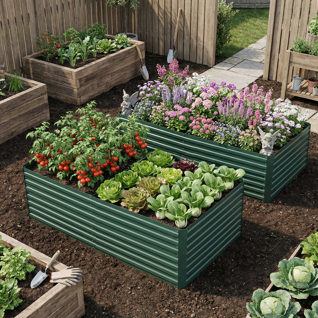 Set of 2 Galvanised Raised Garden Bed, 6 x 3 x 2 ft Metal Garden Bed with Safe Edging, Green