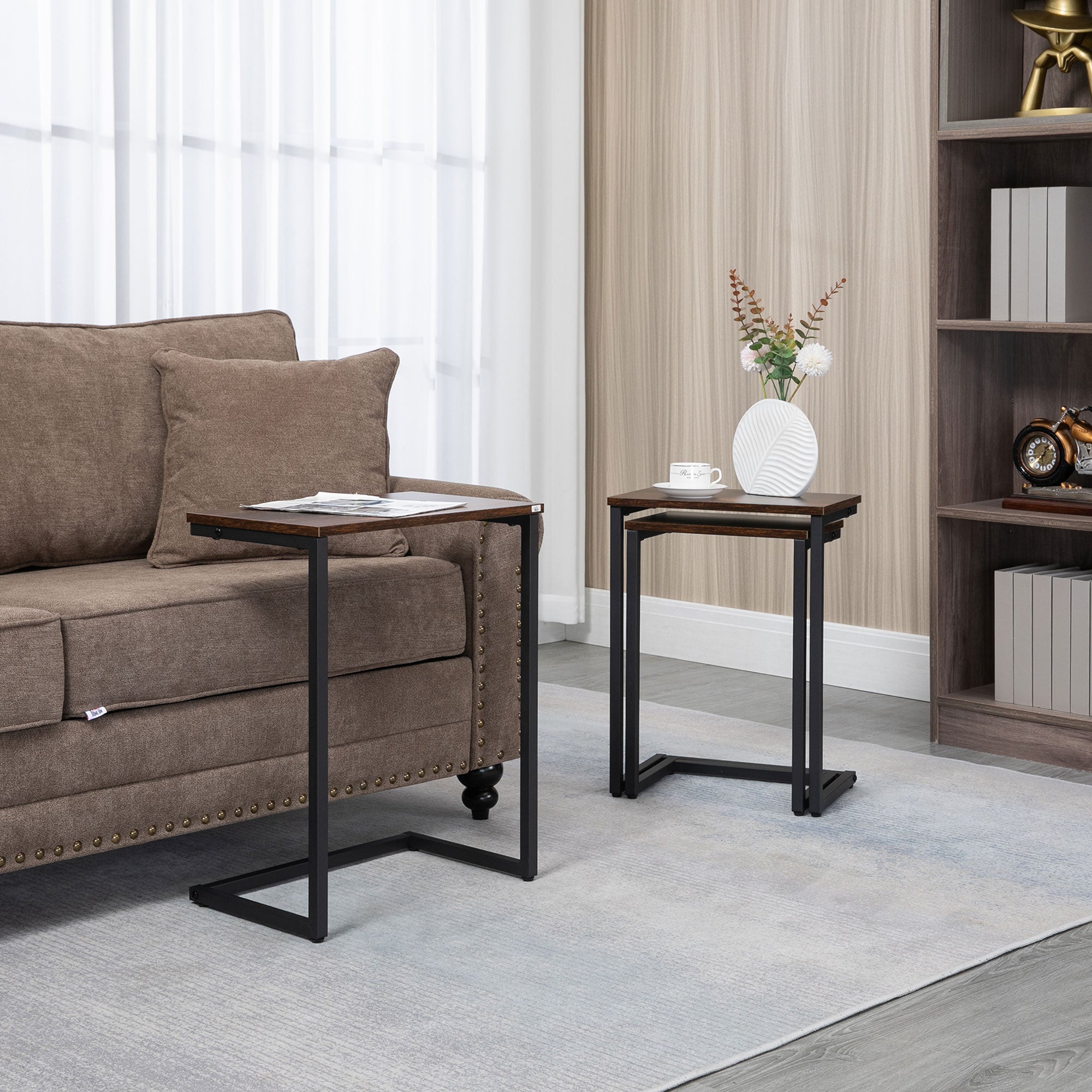 Nesting Coffee Table Set of 3, Stackable Rectangular End Tables with Wood-Effect Top, Metal Frame, Industrial & Rustic C-Shaped for Small Space, Living Room, Rustic Brown