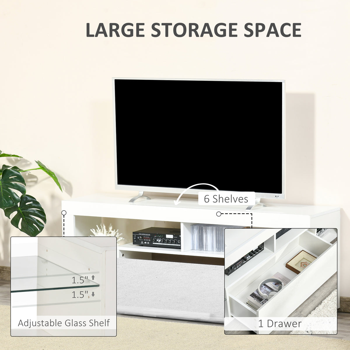 TV Stand for 55-Inch TVs, High Gloss TV Bench with LED Lights, Remote Control, Storage Drawer and Shelves, Entertainment Unit for Living Room, Bedroom, White