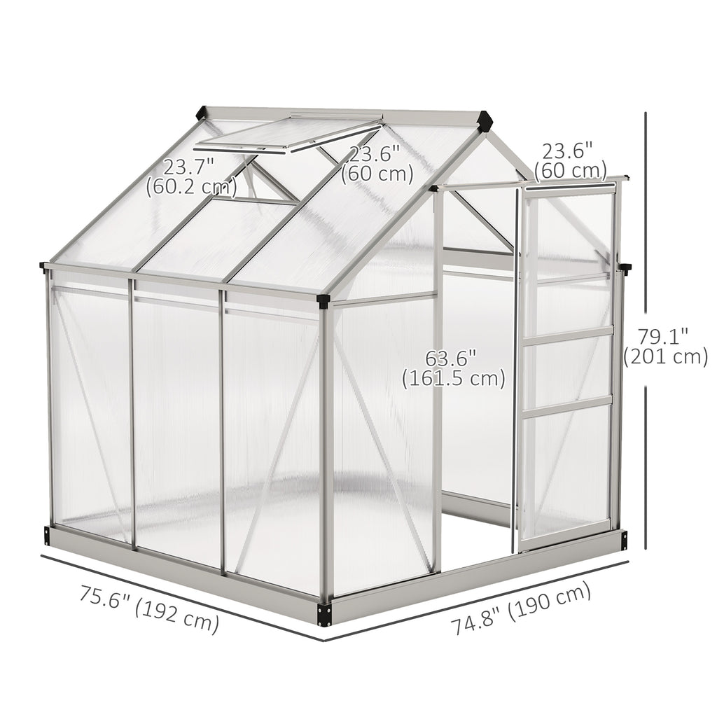 6' x 4' x 6.6' Polycarbonate Greenhouse, Walk-In Green House Kit Garden, Plants Grow, Galvanized Sheet Aluminum Frame with Rain Gutter, Vent and Sliding Door, Silver