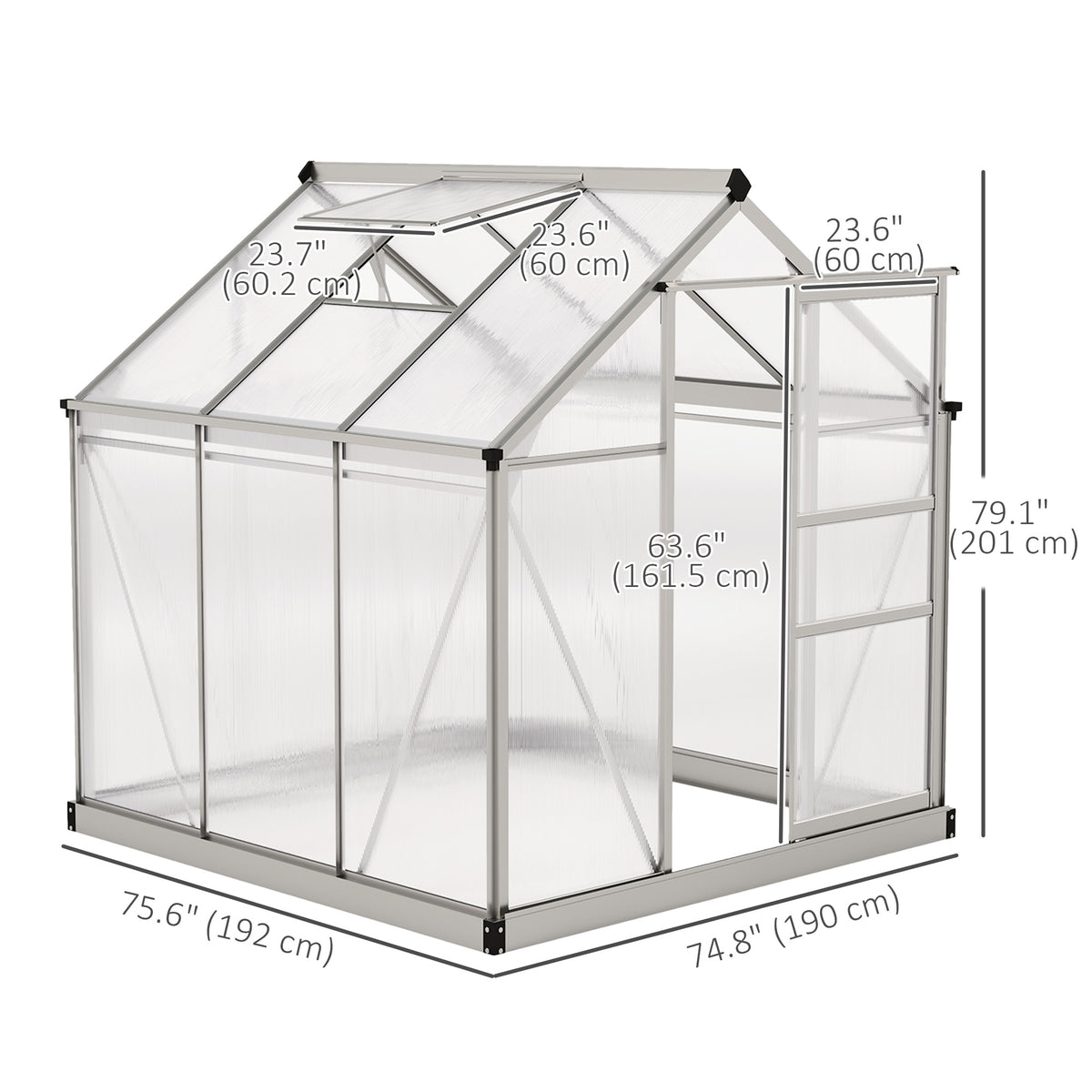 6' x 4' x 6.6' Polycarbonate Greenhouse, Walk-In Green House Kit Garden, Plants Grow, Galvanized Sheet Aluminum Frame with Rain Gutter, Vent and Sliding Door, Silver