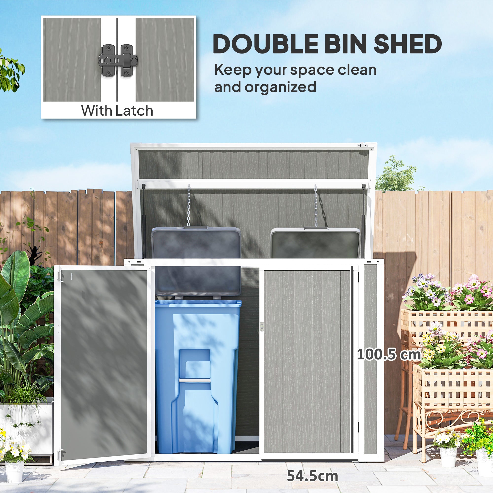41 Cu. Ft. Outdoor Storage Shed, Outdoor Horizontal Trash Can Storage with Chain Lid, Lockable Storage Box, Grey