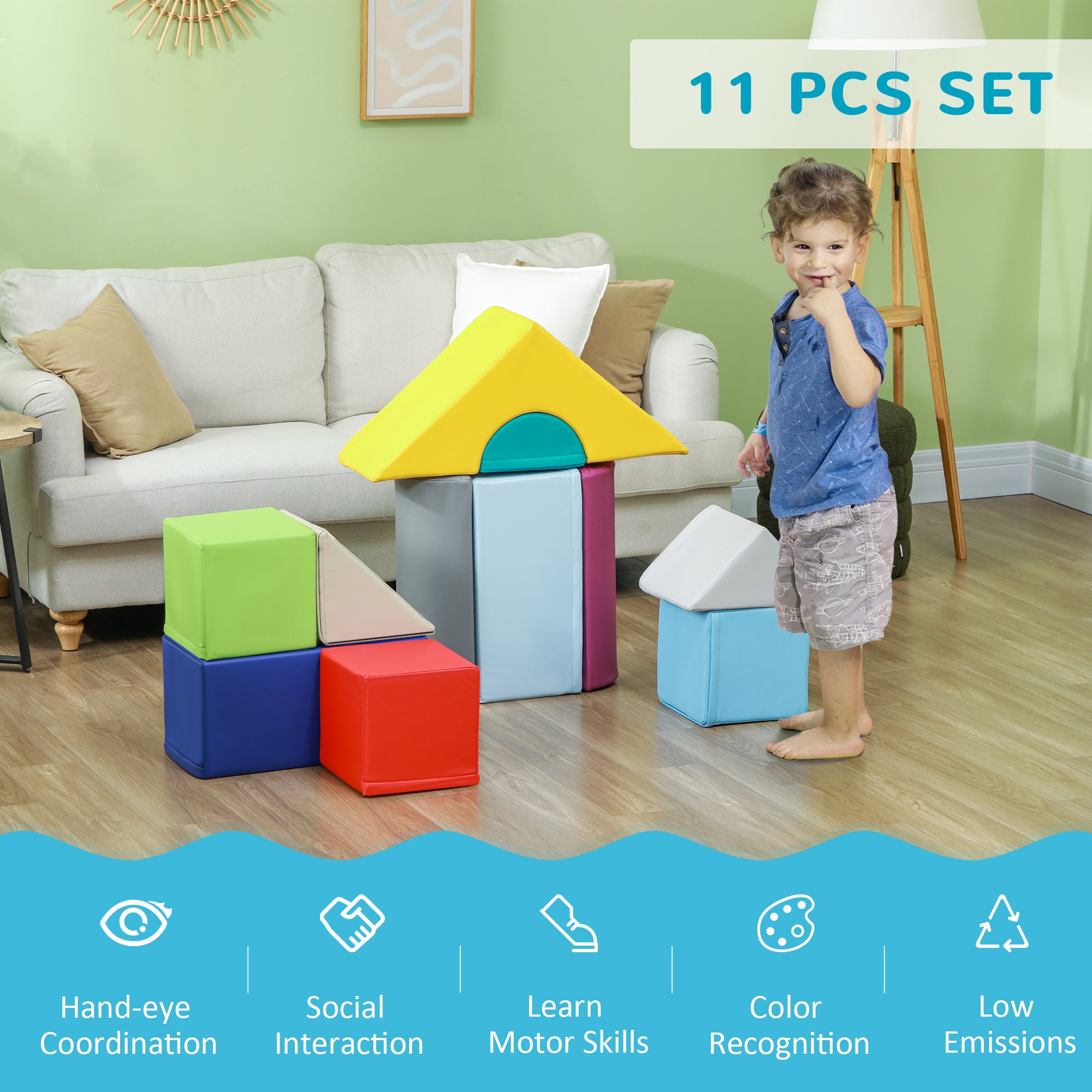 Soozier 11 Piece Soft Play Blocks Kids Climb and Crawl Gym Toy Foam Building Light Colour